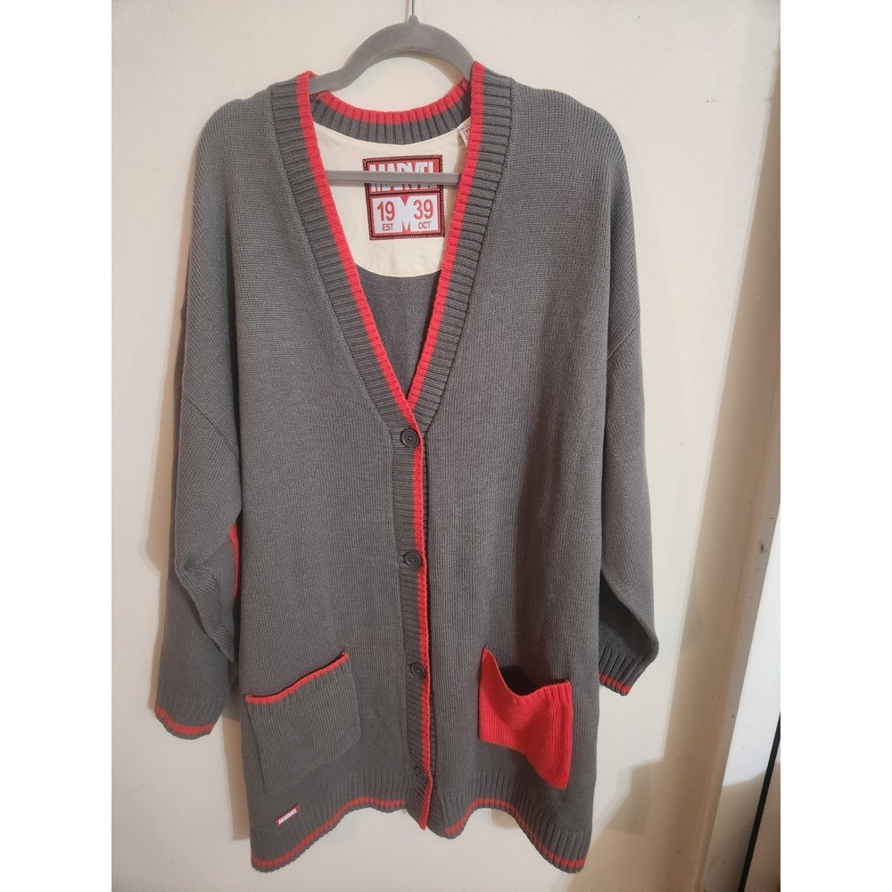 NWT Disney Parks Marvel Universe Longline Varsity Cardigan Sweater Grey Red 1XL